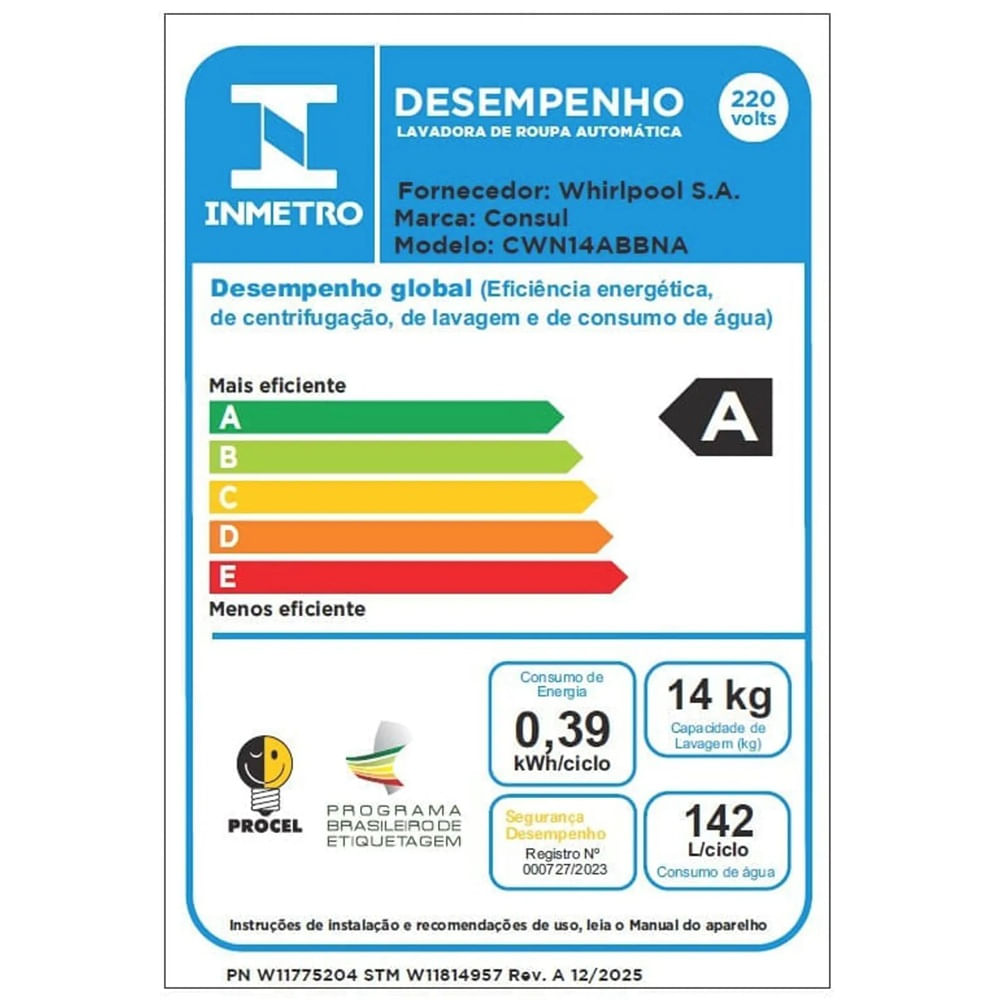 Lavadora de Roupas Consul 14Kg com Modo Eco Branca CWN14AB - 220 Volts